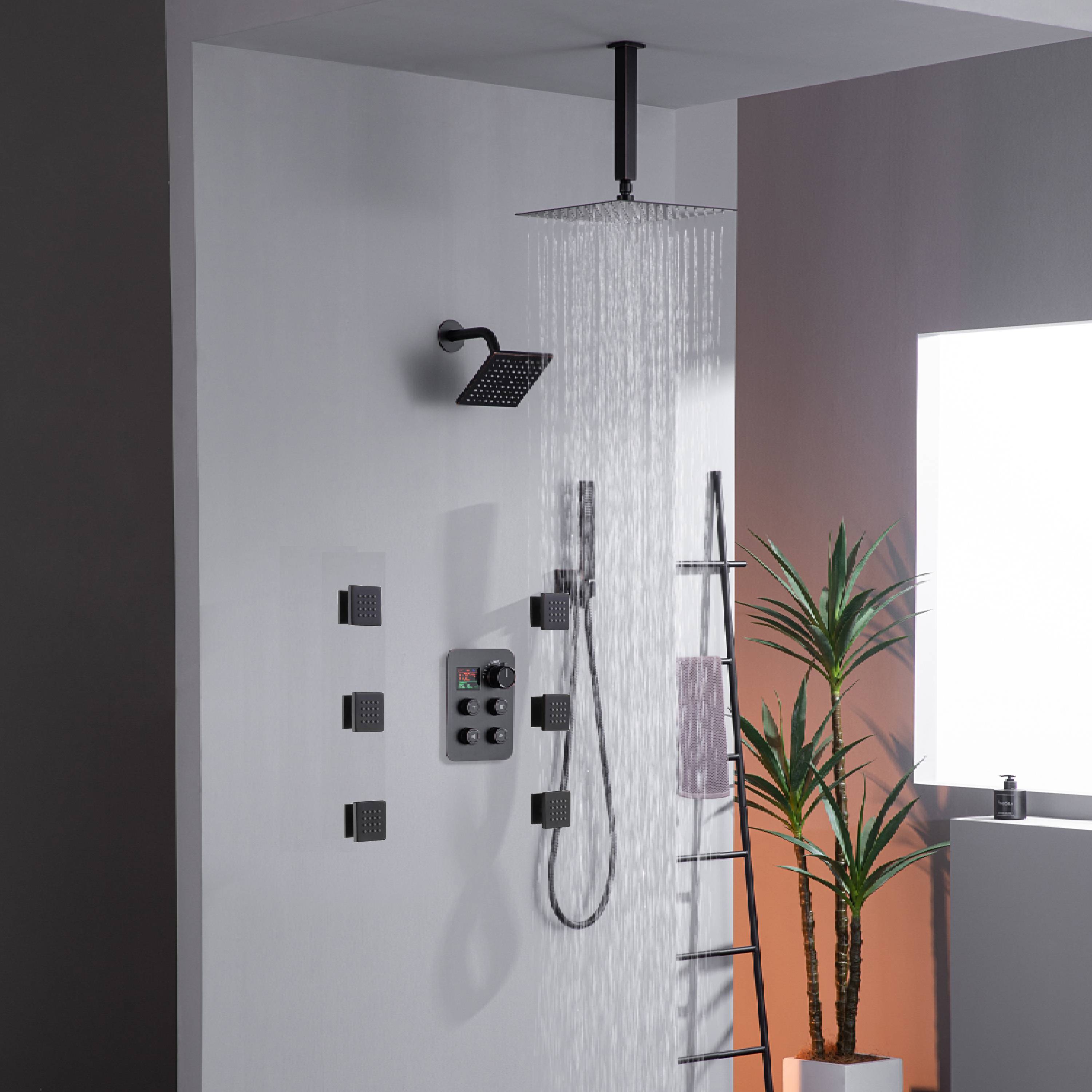 Oil Rubbed Bronze Ceiling Mount Rainfall Shower Head with 4-Way Thermo ...