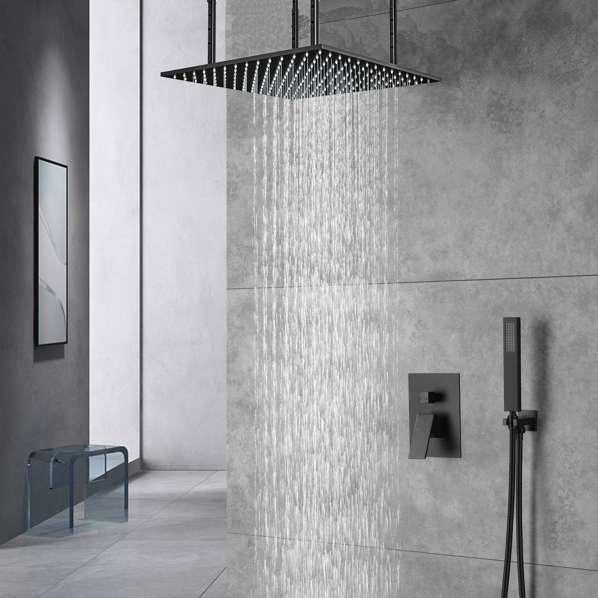 Matte Black Ceiling Mounted Rainfall Shower Faucet: 20'' or 24'' with ...