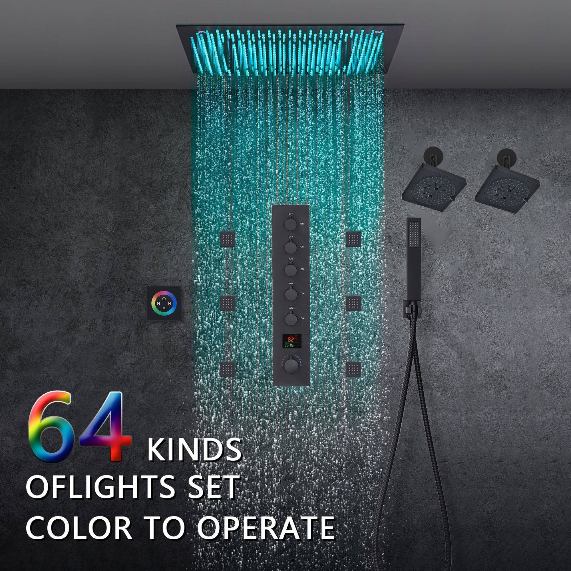 Matte Black 20" Rainfall Shower System with LED, 5-Way Thermostatic Va ...