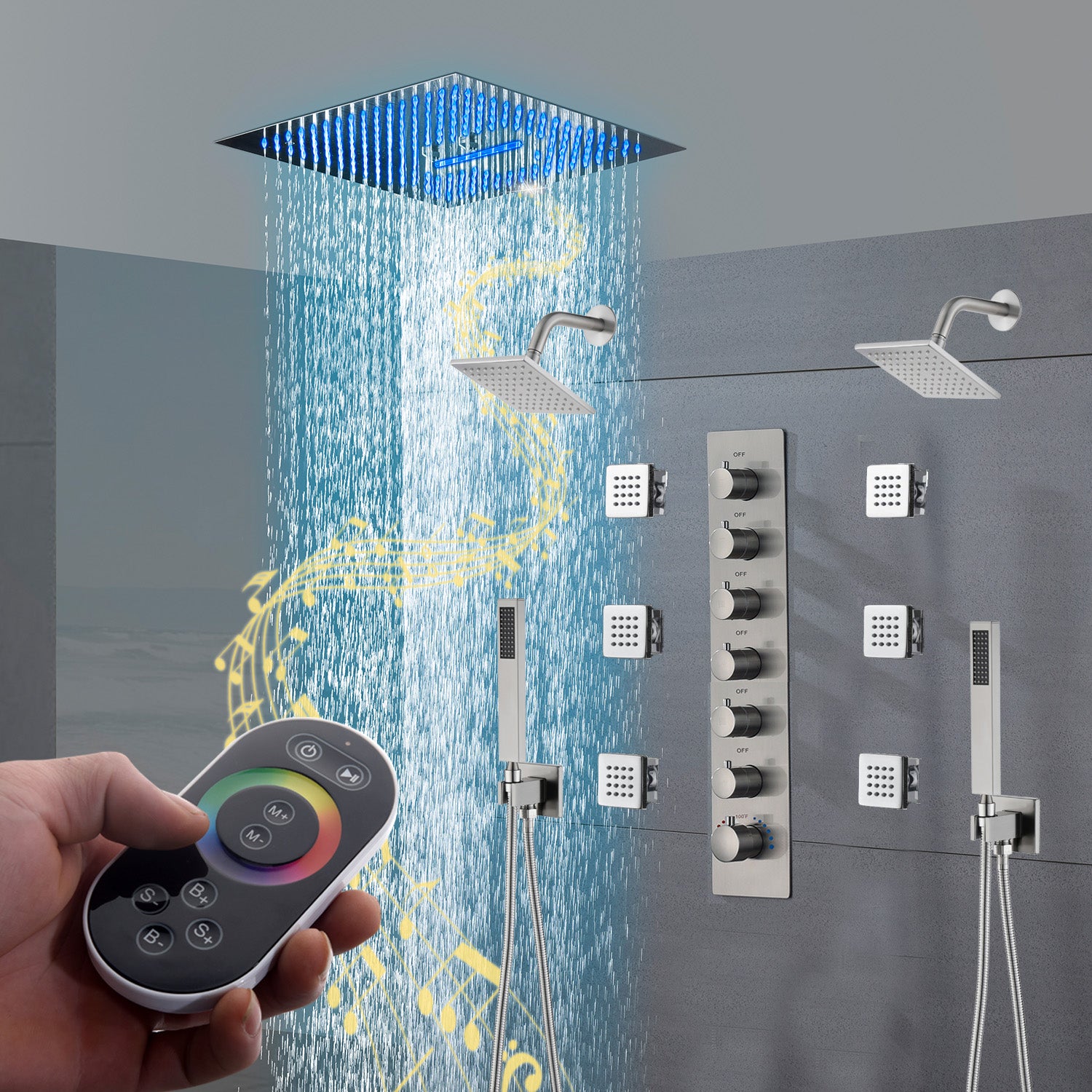 16" Brushed Nickel rainfall waterfall mist 64 led light music flush mo ...
