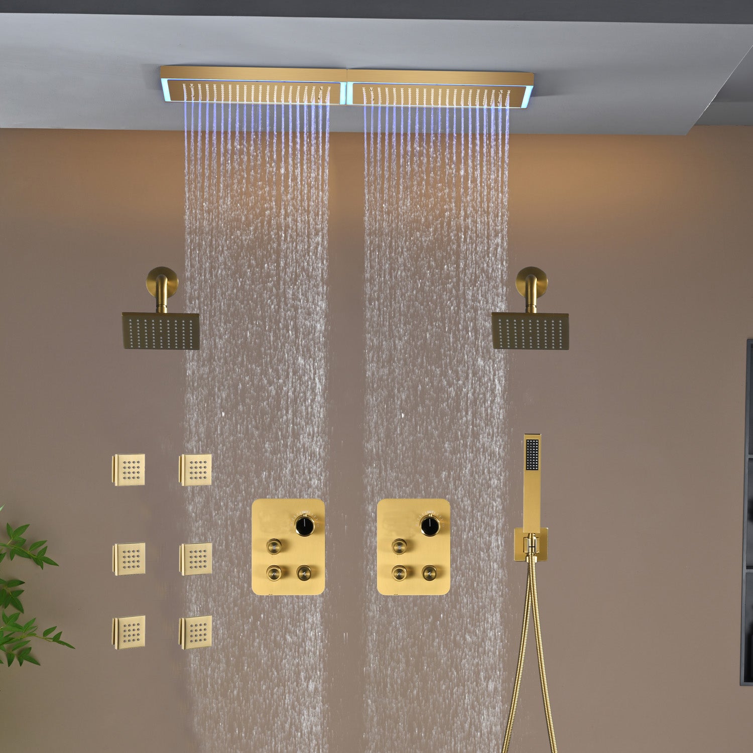 Flush Mount 32 x 8 inch Rainfall 64 LED Light Shower Head with 6-Way T ...