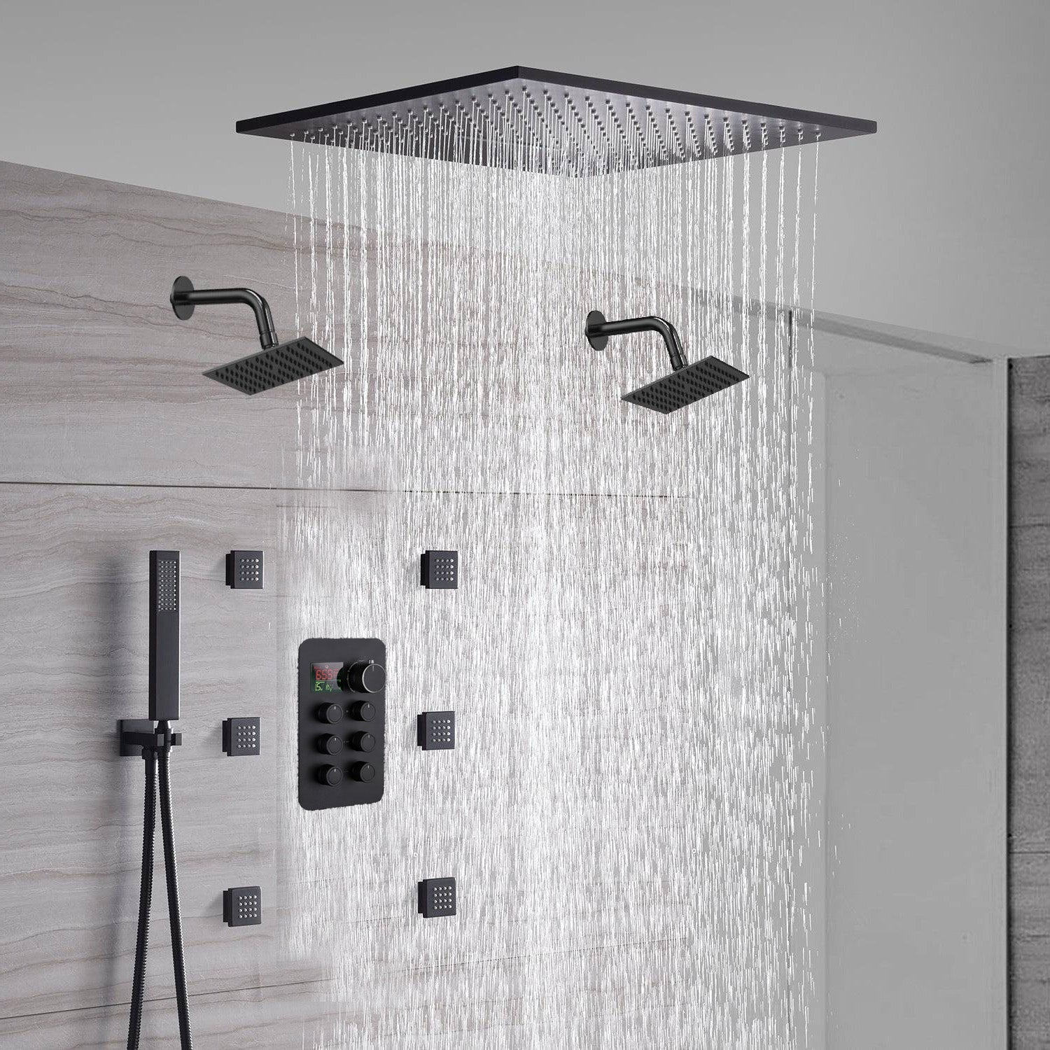 20-Inch Matte Black Flush or Ceiling Mount Rainfall Waterfall Shower S ...