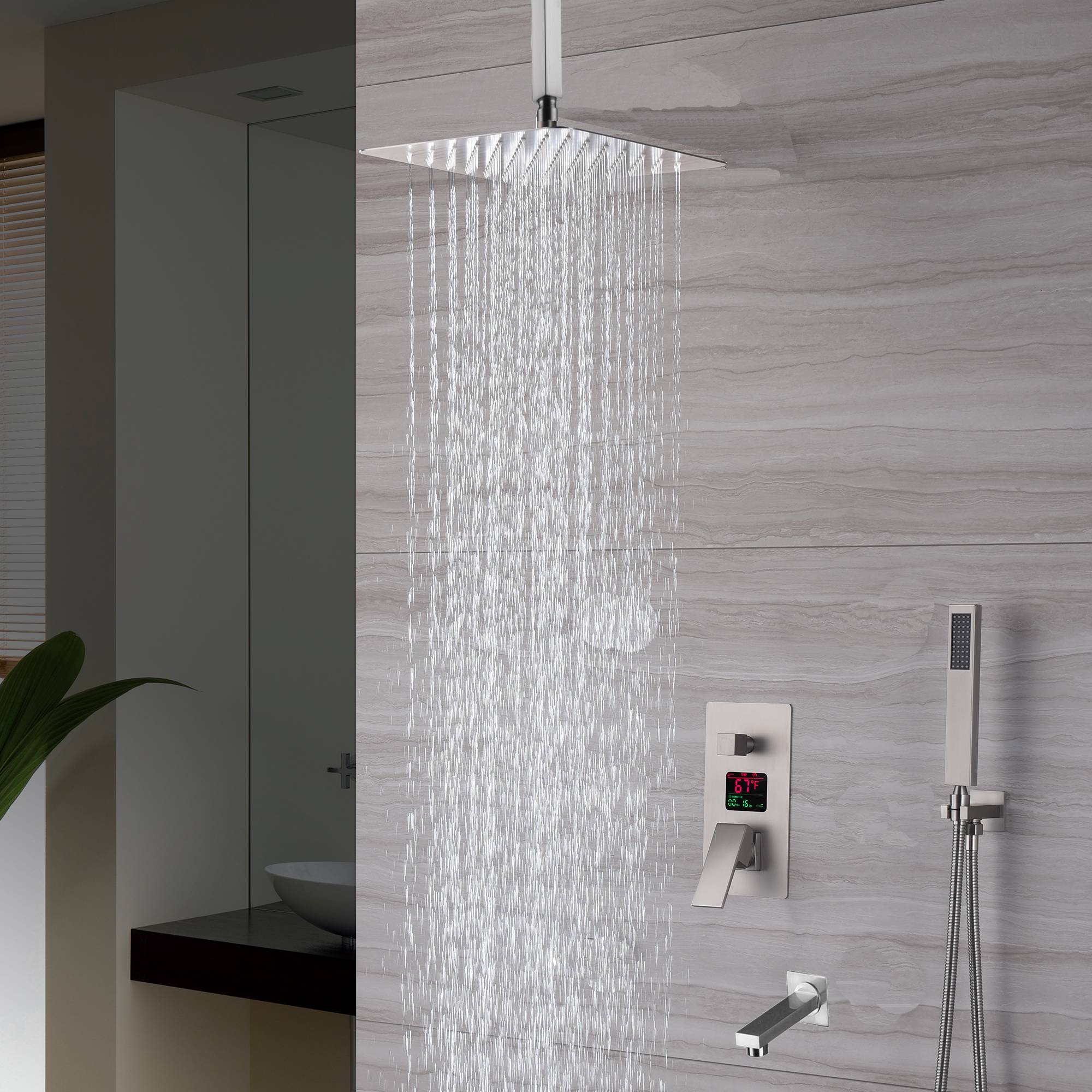 Brushed nickel ceiling mount rainfall shower head 3 way digital displa ...