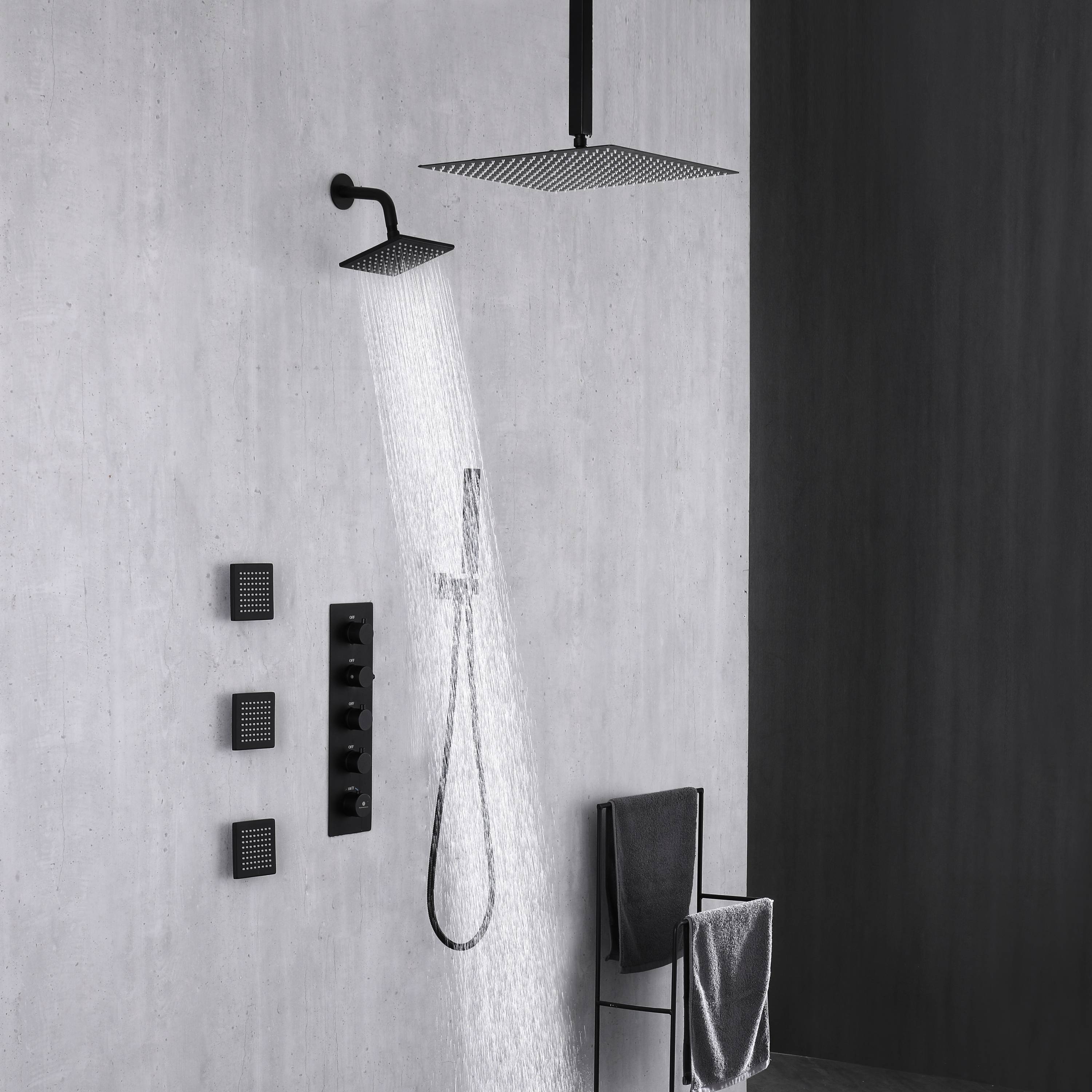 Matte Black ceiling mount 12 inch or 16 inch rainfall shower head wall ...