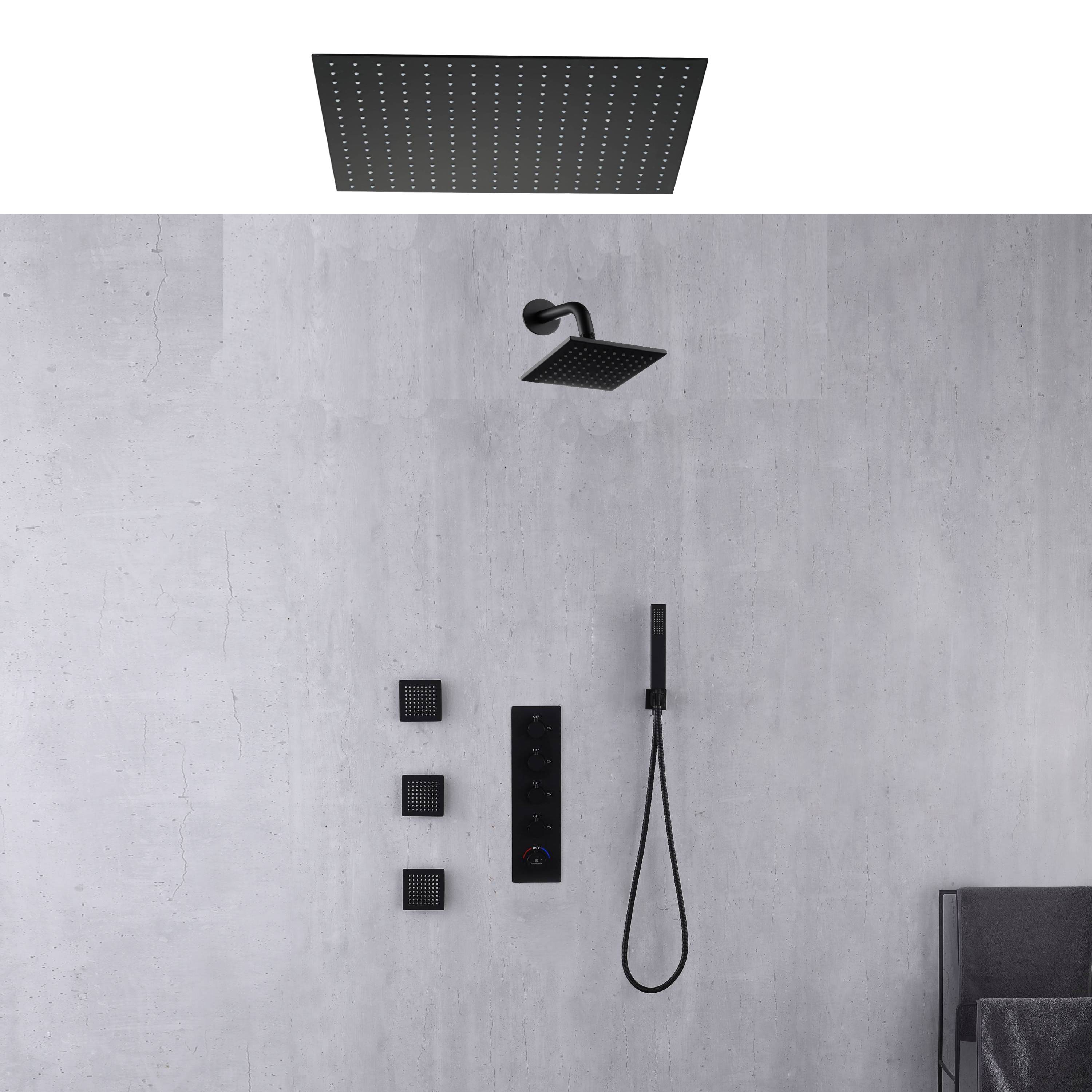 24-inch or 20-inch Matte Black Rainfall Shower System: Featuring a 4-W ...