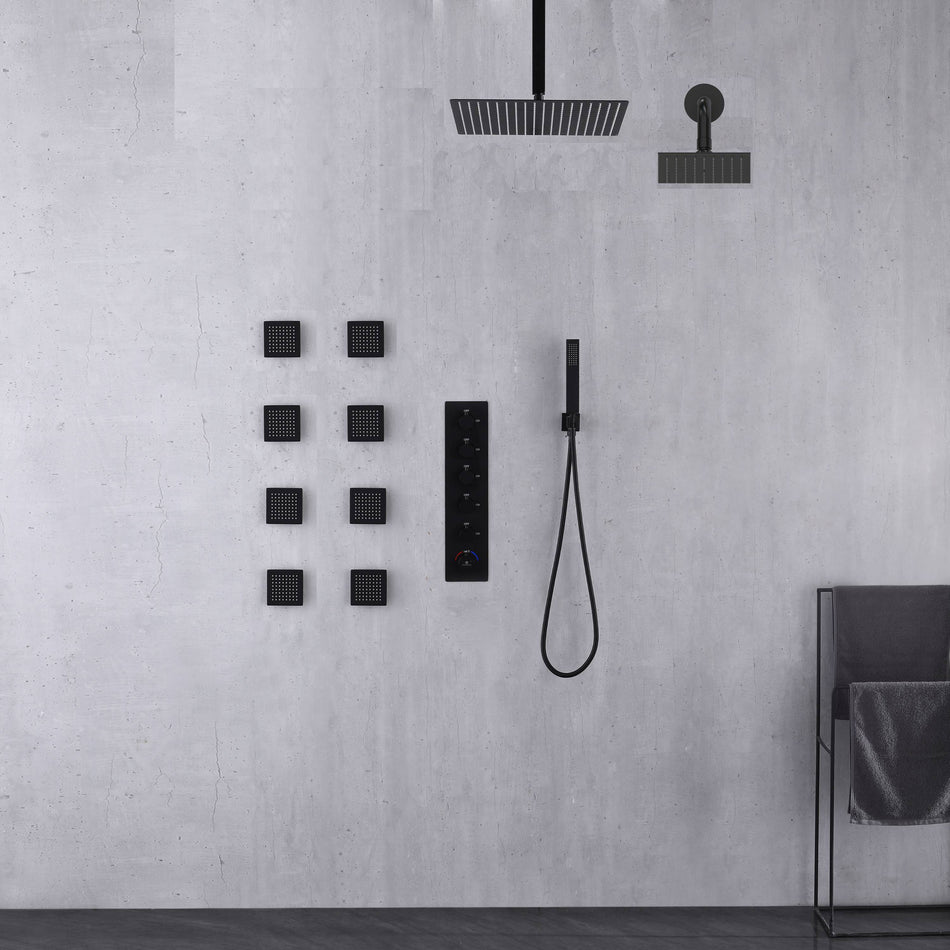 Matte Black Or Brushed nickel or Brushed Gold Rainfall Shower System: 12" or 16" with 5-Way Thermostatic Valve, Body Jets