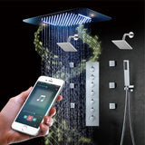 64 LED colors chrome music led flushed in 23x15inch shower head 5 or 6 way thermostatic faucet with dual regular heads