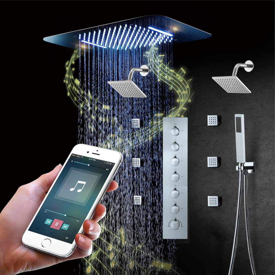 64 LED colors chrome music led flushed in 23x15inch shower head 5 or 6 way thermostatic faucet with dual regular heads