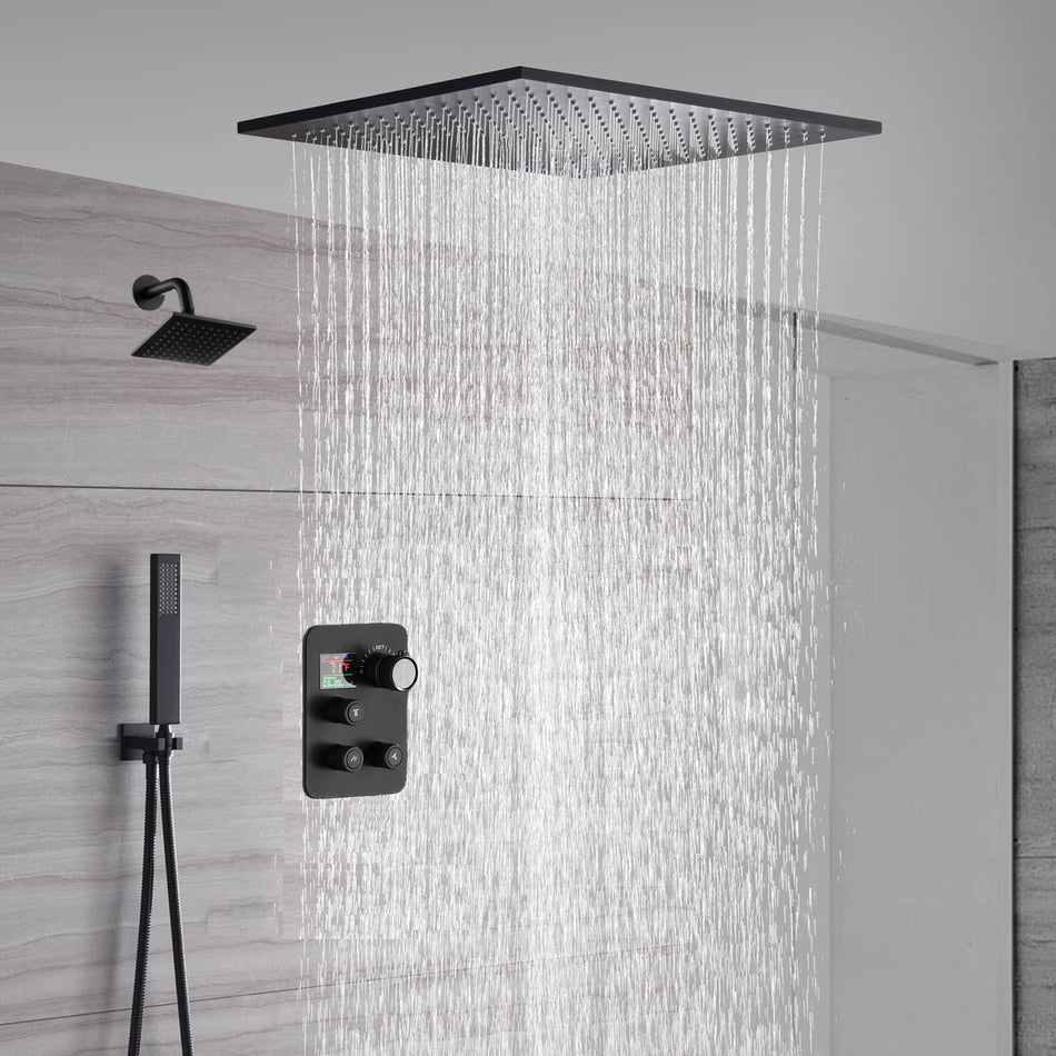 Matte Black Rainfall Shower System with 20-inch or 24-inch Rain Head and Regular Head - 3-Way Thermostatic Shower Faucet