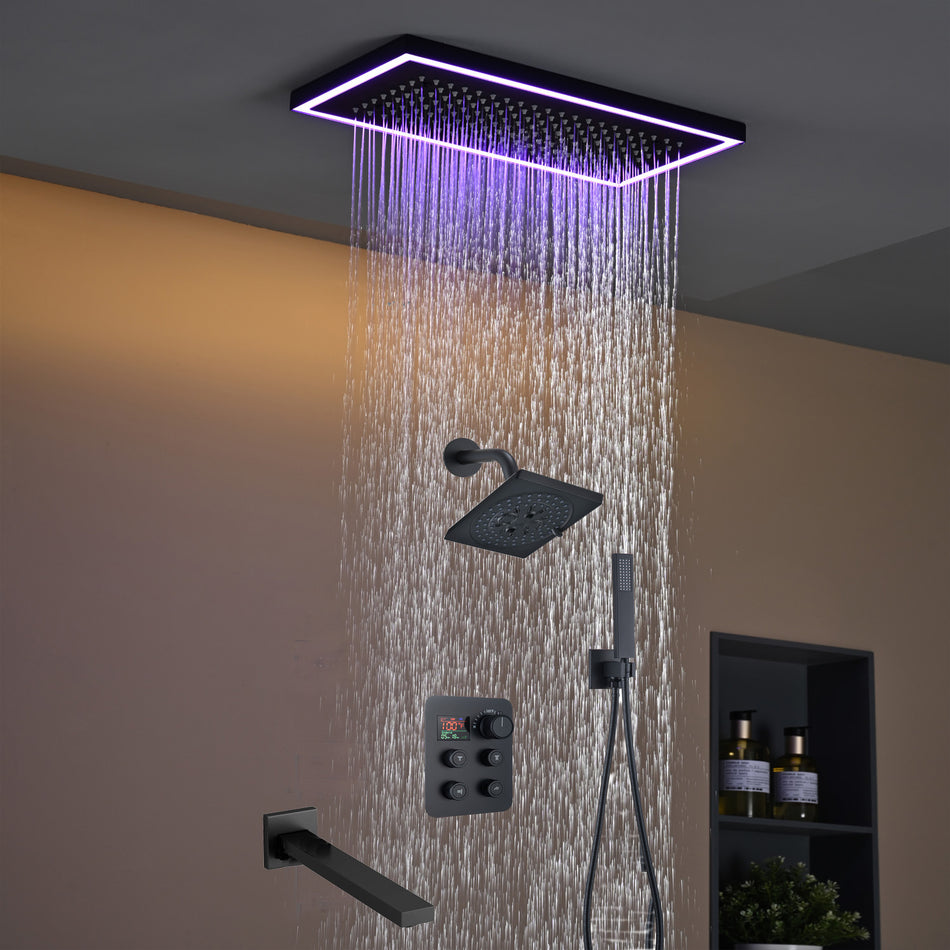 Matte black or Brushed nickel or Brushed Gold 16 x 8-Inch Rainfall Flush Mount Shower Head with 4-Way Digital Display Thermostatic Faucet, Tub Spout, and High-Pressure Wall Mount Head