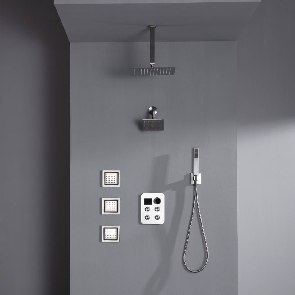 12" or 16" Ceiling Mount Rain Head with 4-Way Thermostatic Faucet and 4" Body Jet