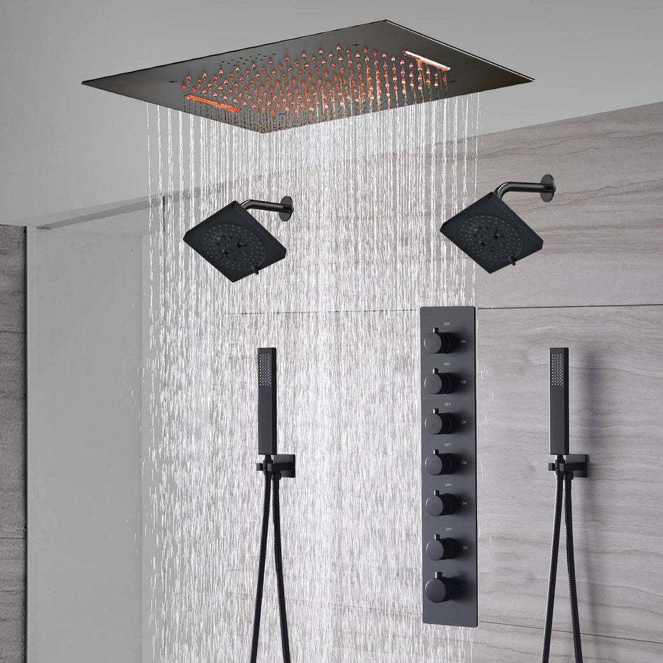 20-Inch or 24-Inch Matte Black Flush or Ceiling Mount Rainfall Waterfall Shower System: Complete with 6-Way Thermostatic Valve and Dual Regular Head