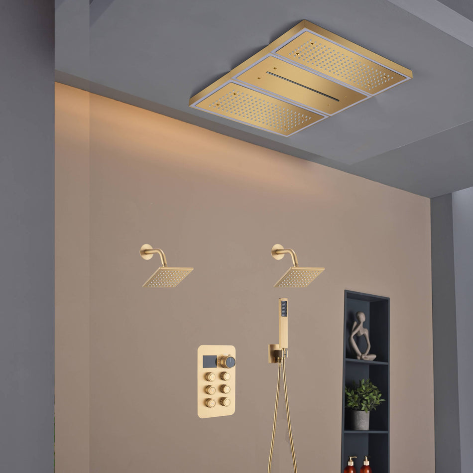 Flush Mount 24 X 16 inch or 48 x 8 inch Rainfall Waterfall 64 LED Light Shower Head with 6-Way Thermostatic Faucet and High-Pressure Wall Mount Regular Shower Head