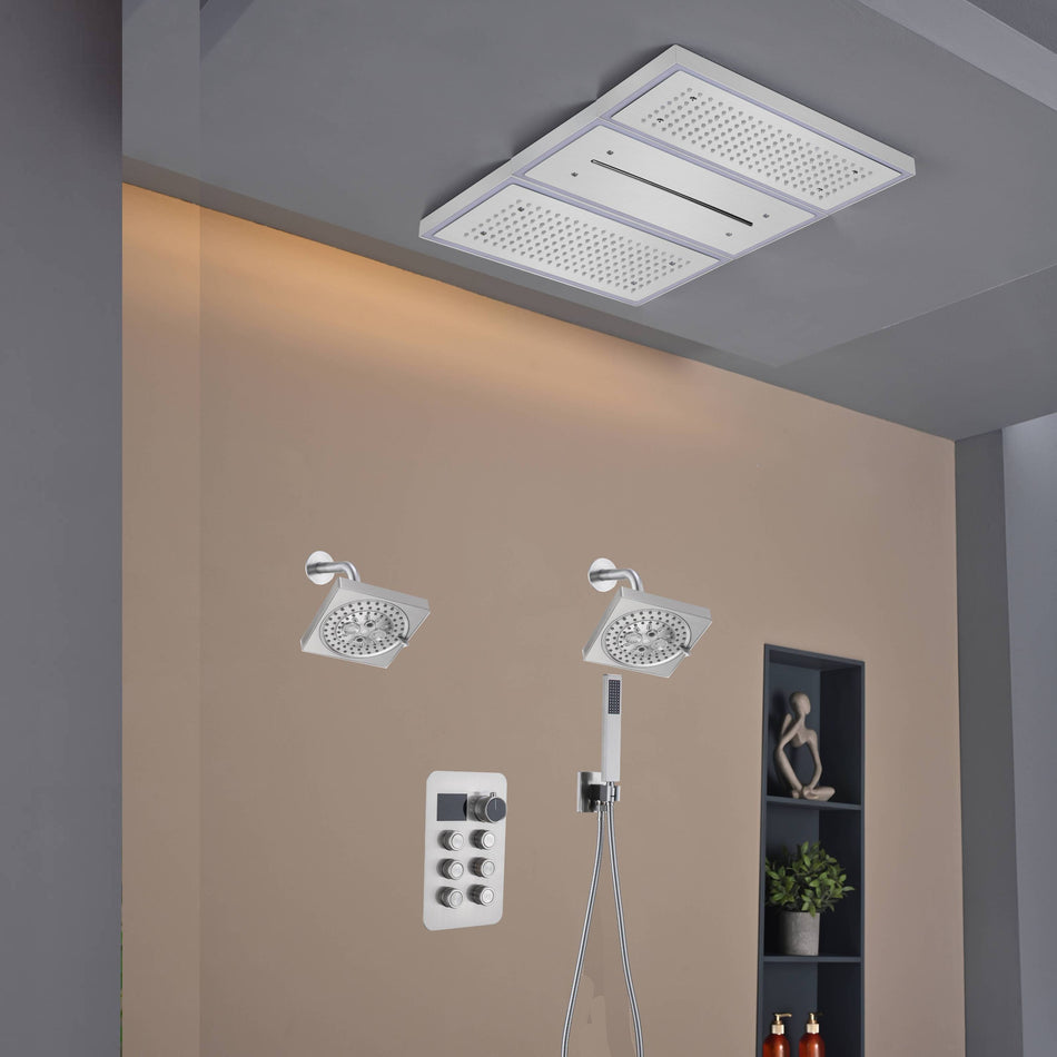 Flush Mount 24 X 16 inch or 48 x 8 inch Rainfall Waterfall 64 LED Light Shower Head with 6-Way Thermostatic Faucet and High-Pressure Wall Mount Regular Shower Head