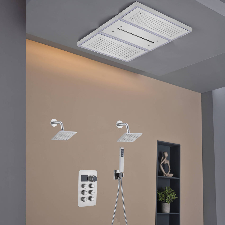 Flush Mount 24 X 16 inch or 48 x 8 inch Rainfall Waterfall 64 LED Light Shower Head with 6-Way Thermostatic Faucet and High-Pressure Wall Mount Regular Shower Head