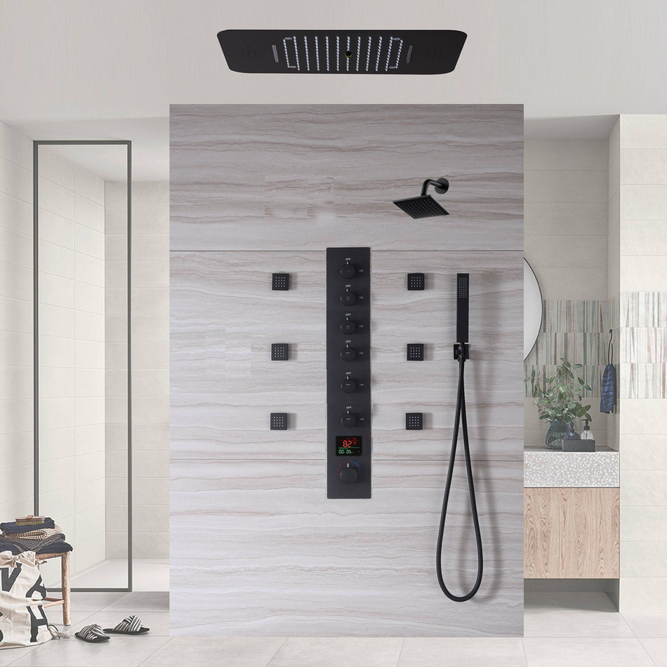 Matte Black or Brushed Gold or Brushed Nickel or Chrome  LED Music Shower System 23 x 15 inch with 6-Way Digital Thermostatic Control, Body Jets