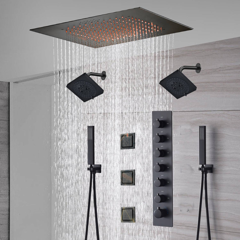20-Inch or 24-Inch Matte Black Flush Mount Rainfall Shower System: Complete with 6-Way Thermostatic Valve and 3 Body Jets and Dual Regular Heads