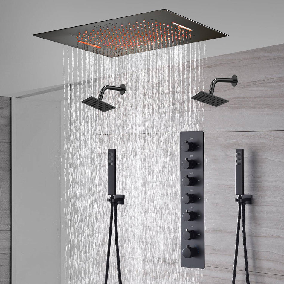 20-Inch or 24-Inch Matte Black Flush or Ceiling Mount Rainfall Waterfall Shower System: Complete with 6-Way Thermostatic Valve and Dual Regular Head