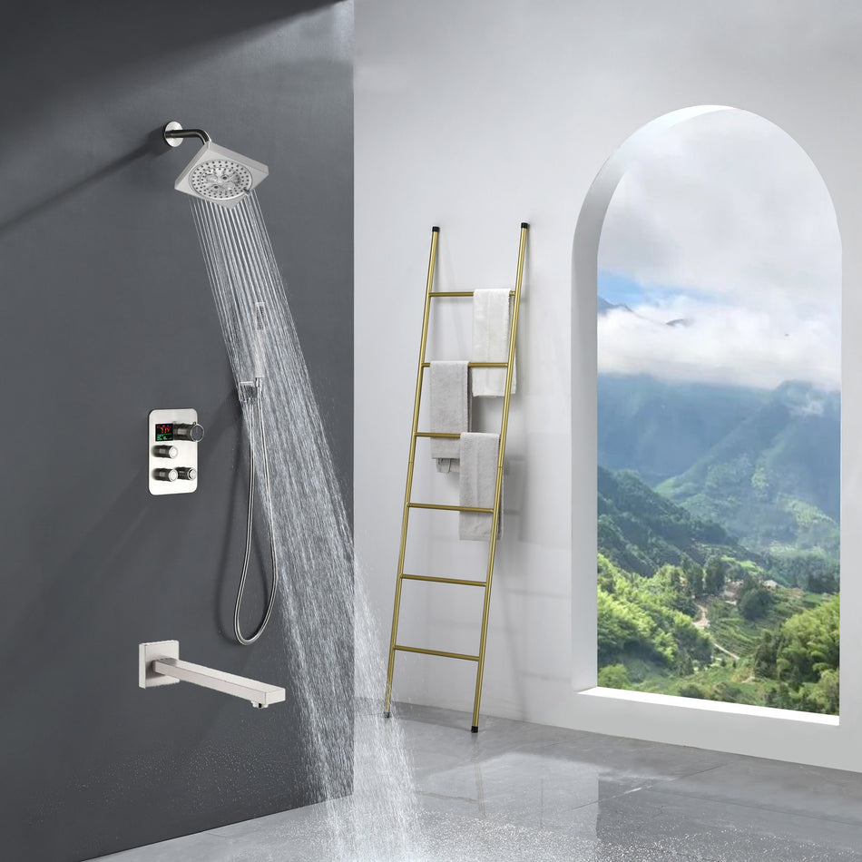 Brushed nickel Regular shower head 3 functions Thermostatic Mixer System  Shower Faucet Set Tub Spout Bath