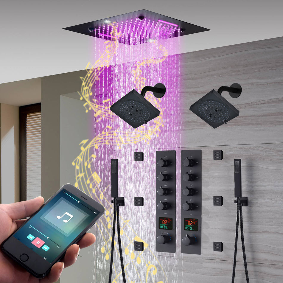 20-Inch Matte Black Rainfall, Waterfall, and Mist Shower System with LED Colors, Bluetooth Music, 8-Way Thermostatic Valve, 6 Body Jets, and Dual Regular heads