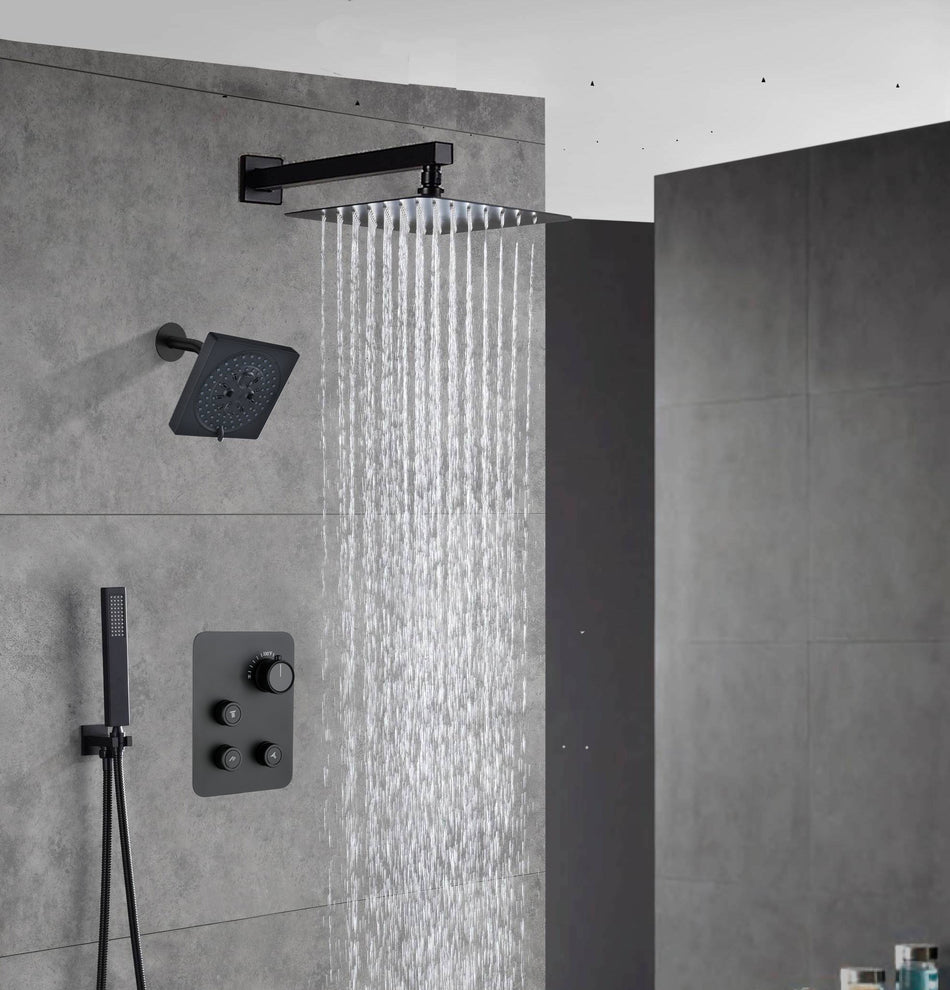 Matte Black Wall Mount 6" Regular Shower Head with 12" or 16" Rainfall Head, 3-Way Thermostatic System