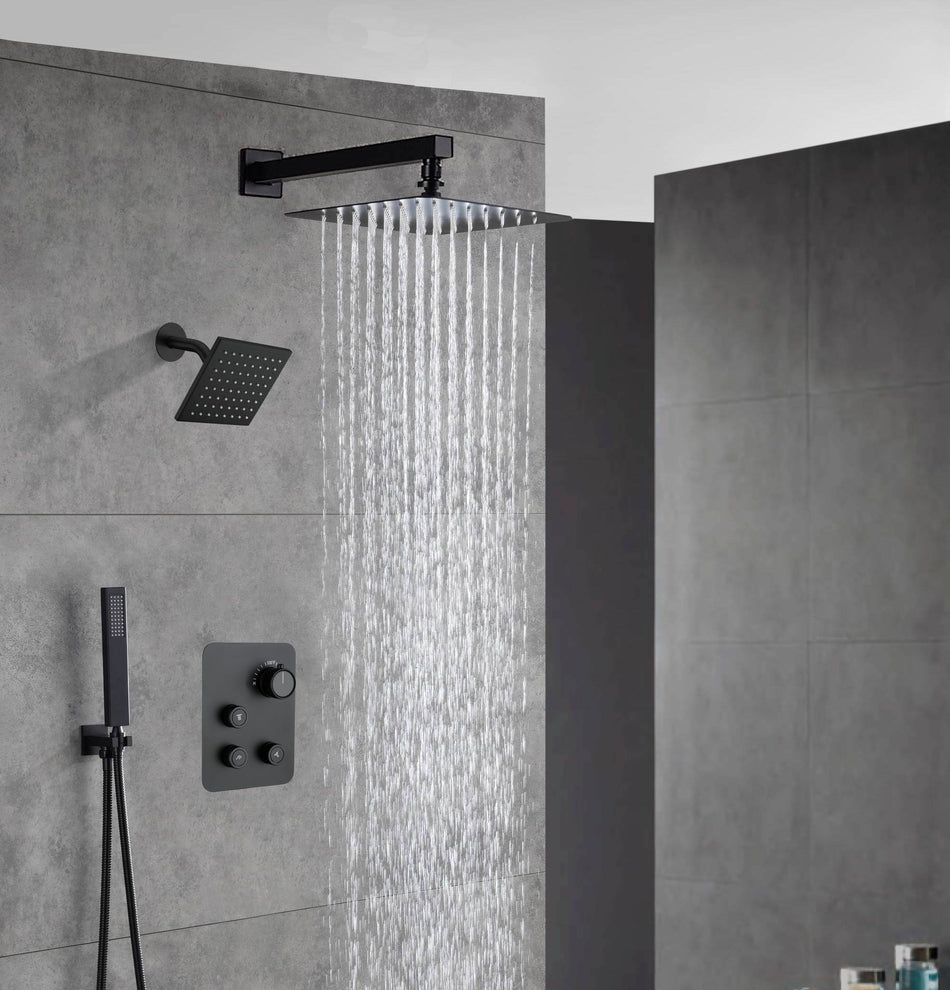 Matte Black Wall Mount 6" Regular Shower Head with 12" or 16" Rainfall Head, 3-Way Thermostatic System
