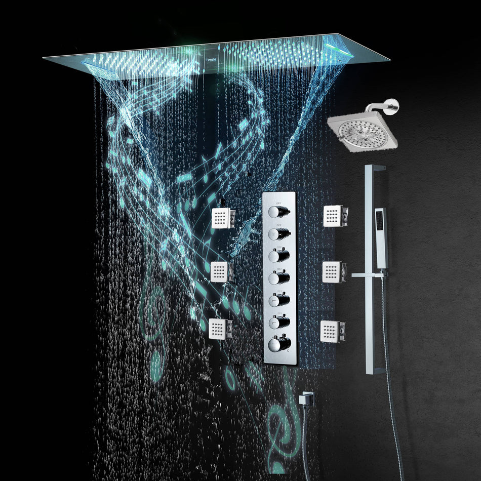Chrome or matte black or brushed gold or brsuehd nickel 35" Bluetooth Music LED Shower System with Waterfall, 6-Way Thermostatic Valve, Regular Head, 6 Body Jets