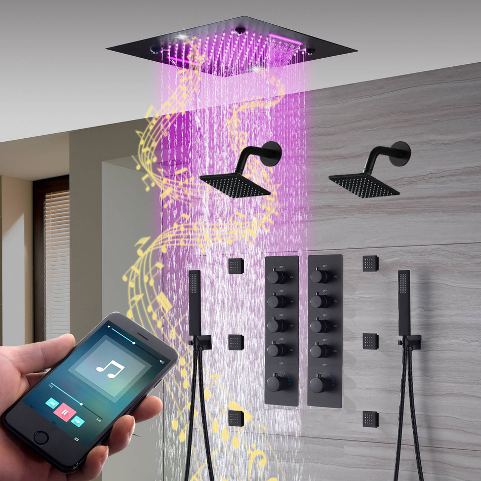 20-Inch  Rainfall, Waterfall, and Mist Shower System with LED Colors, Bluetooth Music, 8-Way Thermostatic Valve, 6 Body Jets, and Dual Regular heads
