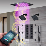 20-Inch Matte Black Rainfall, Waterfall, and Mist Shower System with LED Colors, Bluetooth Music, 8-Way Thermostatic Valve, 6 Body Jets, and Dual Regular heads