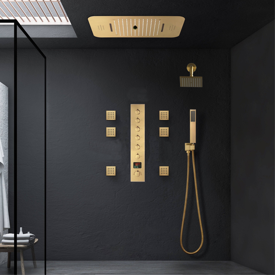 Matte Black or Brushed Gold or Brushed Nickel or Chrome  LED Music Shower System 23 x 15 inch with 6-Way Digital Thermostatic Control, Body Jets