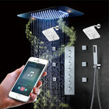 64 LED colors chrome music led flushed in 23x15inch shower head 5 or 6 way thermostatic faucet with dual regular heads