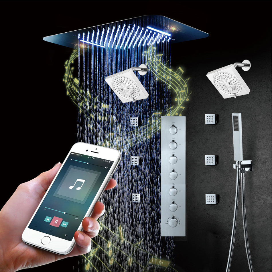 64 LED colors chrome music led flushed in 23x15inch shower head 5 or 6 way thermostatic faucet with dual regular heads