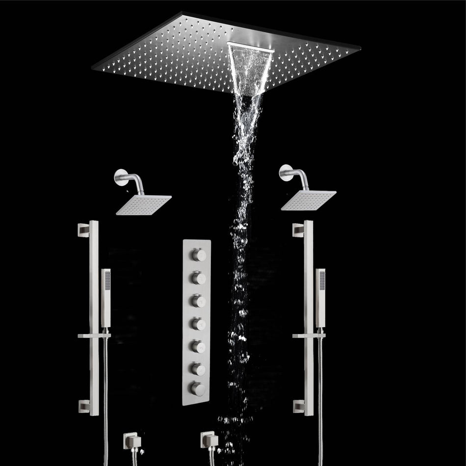 20 inch  flush-mount or ceiling mount rainfall waterfall shower systems 6 way thermostatic valve with Dual sliding bars and Dual regular heads