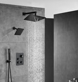 Matte Black Wall Mount 6" Regular Shower Head with 12" or 16" Rainfall Head, 3-Way Thermostatic System
