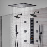 20-Inch or 24-Inch Matte Black Flush Mount Rainfall Shower System: Complete with 6-Way Thermostatic Valve and 6 Body Jets and Dual Regular Heads