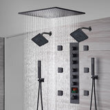 20-Inch or 24-Inch Matte Black Flush Mount Rainfall Shower System: Complete with 6-Way Thermostatic Valve and 6 Body Jets and Dual Regular Heads