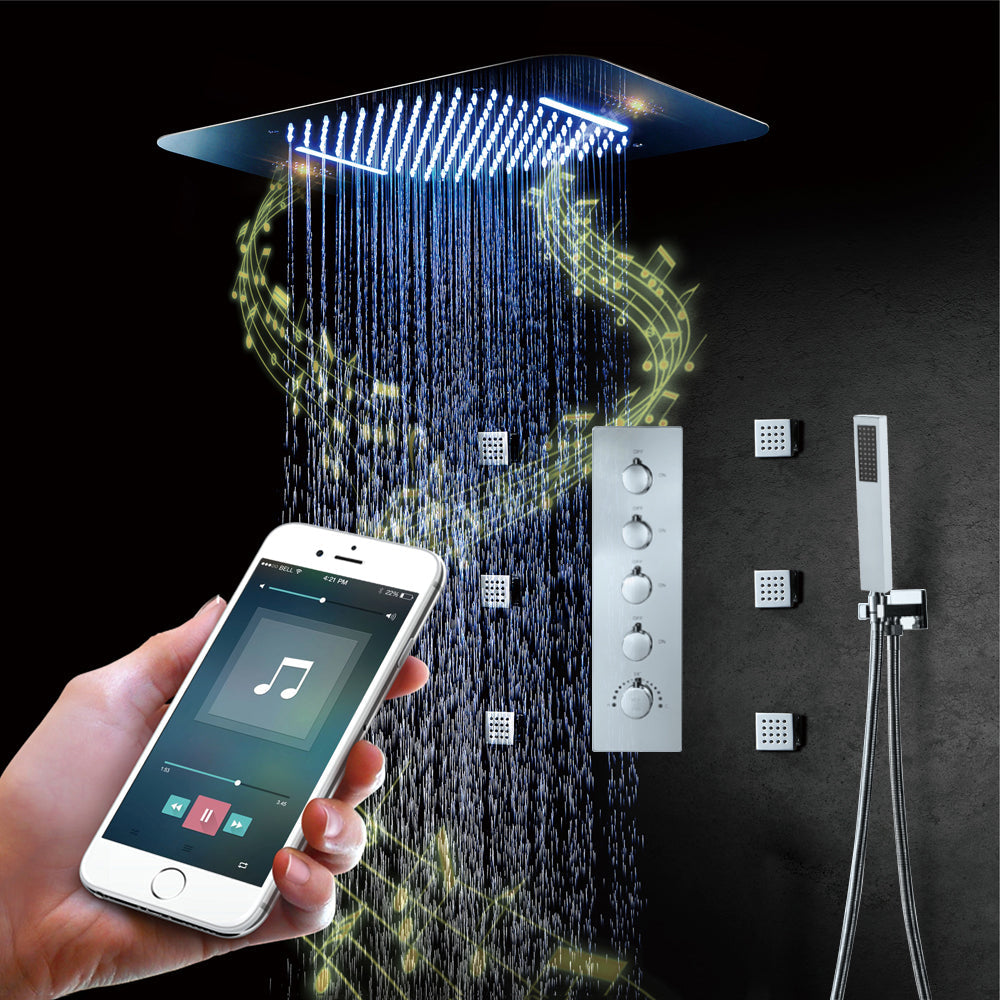 64 LED colors chrome music led flushed in 23x15inch shower head 4 way thermostatic valve that each function run at the same time and separately - wonderland shower inc
