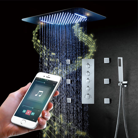 64 LED colors chrome music led flushed in 23x15inch shower head 4 way thermostatic valve that each function run at the same time and separately - wonderland shower inc