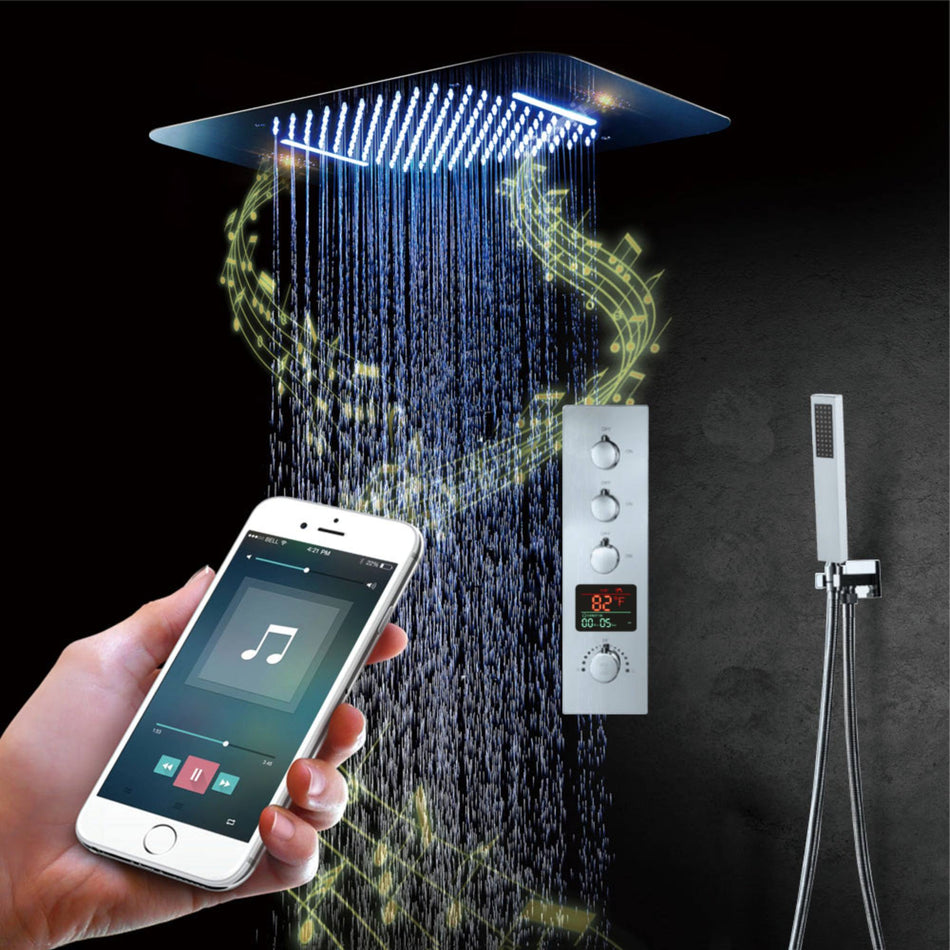 64 LED colors chrome music led flushed in 23x15inch shower head 3 way thermostatic Shower Faucet that each function run at the same time and separately