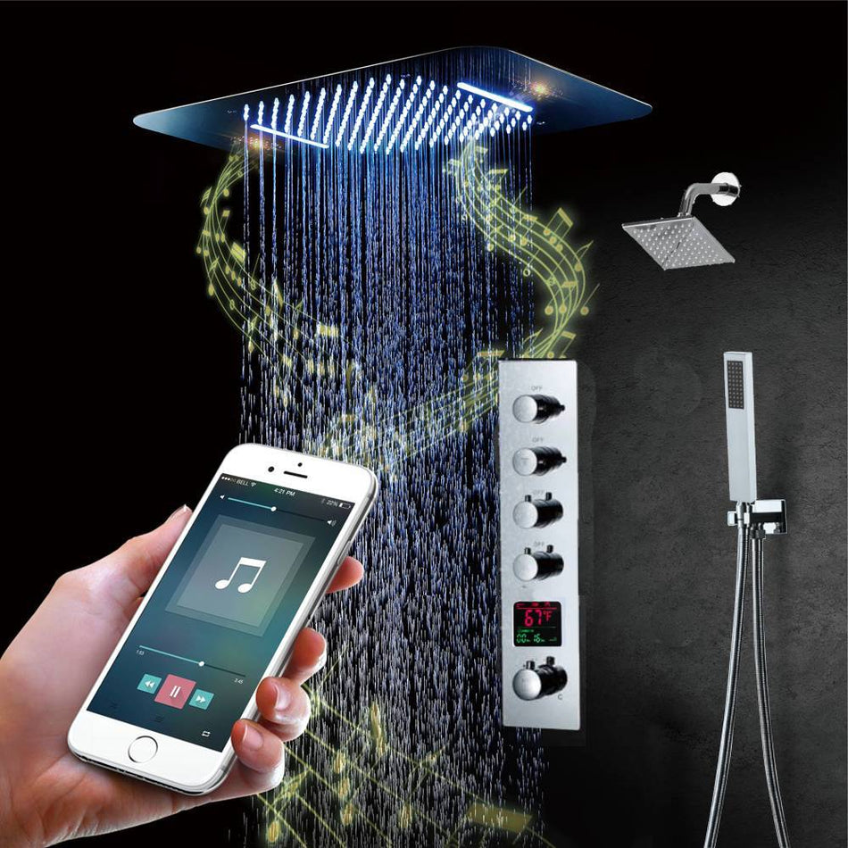 Chrome 4-Way Digital Display Thermostatic Shower Faucet with 23x15-Inch Music LED Showerhead Offering 64 Colors, Simultaneous and Separate Functionality