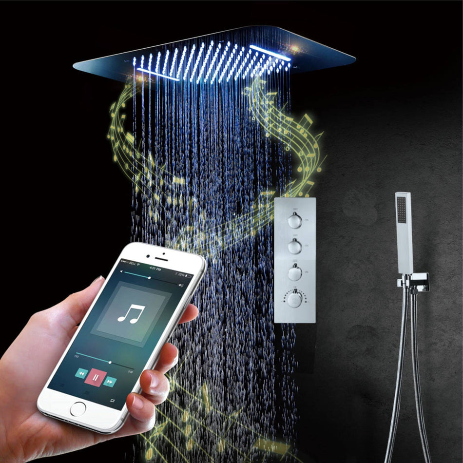 64 LED colors chrome music led flushed in 23x15inch shower head 3 way thermostatic Shower Faucet that each function run at the same time and separately