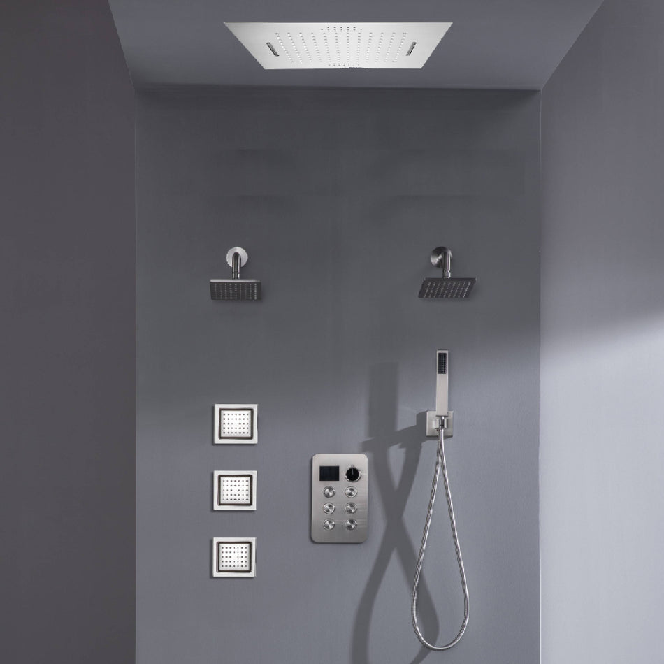 Bluetooth Music LED 6-Way Digital Thermostatic Shower  System with Waterfall,3 Body Jets, Regular Head