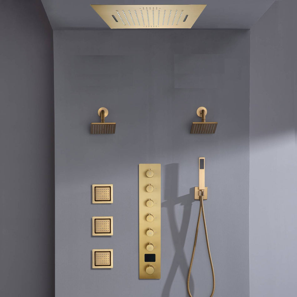 Flush mount 20 inch Rainfall Waterfall shower head 6 way Digital display thermostatic Shower Faucet with Dual Regular Heads and Body Jets