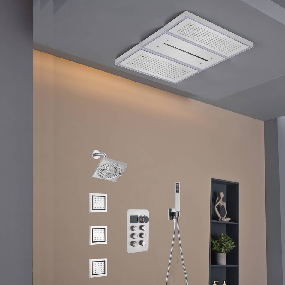 Flush Mount 24 X 16 inch or 48 x 8 inch Rainfall Waterfall 64 LED Light Shower Head with 6-Way Thermostatic Faucet, Body Jets, and High-Pressure Wall Mount Head