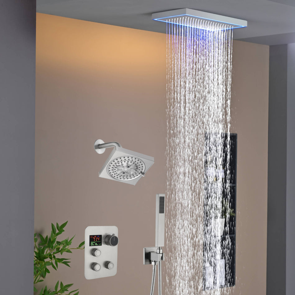 Matte Black or Brushed Gold or Brushed Nickel 16 x 8 inch rainfall Flush mount  Shower Head 3-Way Thermostatic Shower Faucet with 6'' regular head