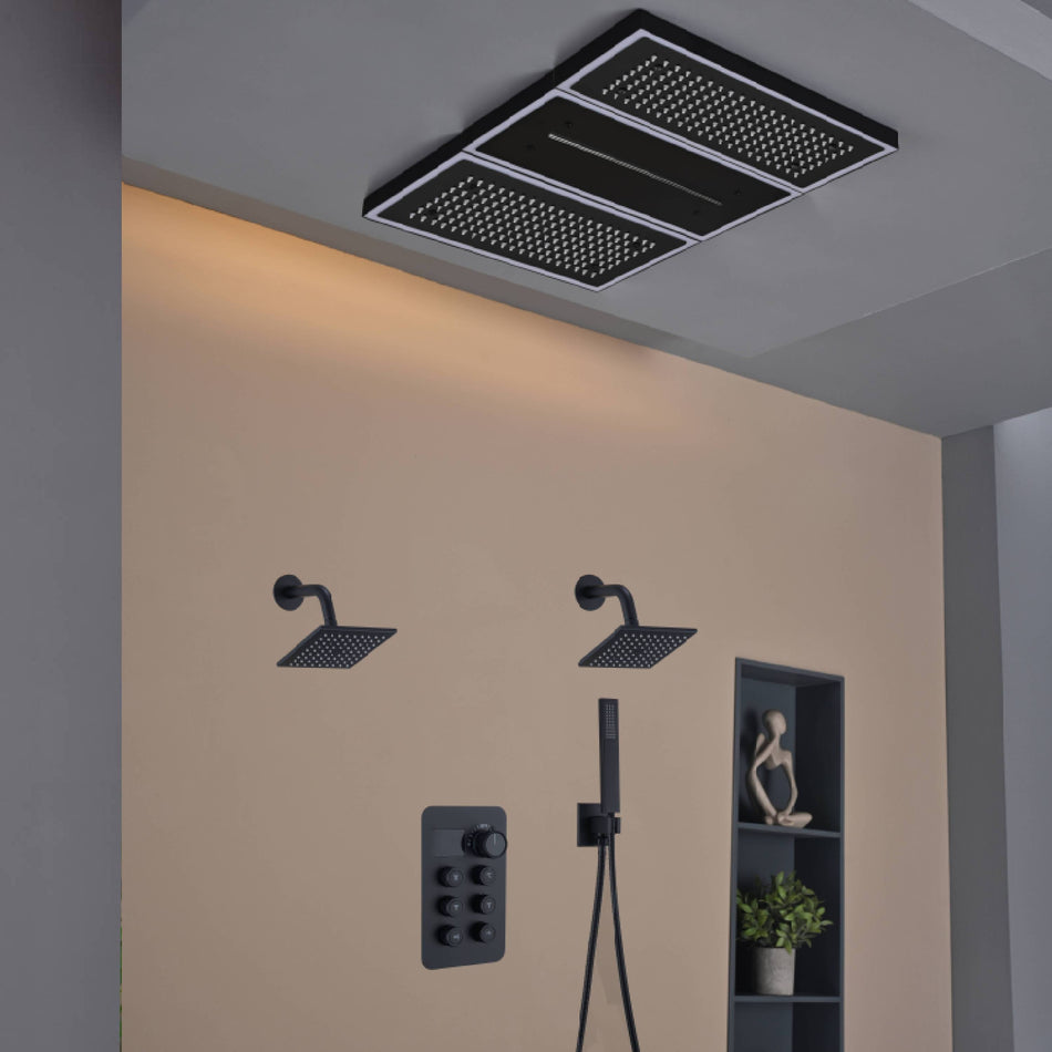 Flush Mount 24 X 16 inch or 48 x 8 inch Rainfall Waterfall 64 LED Light Shower Head with 6-Way Thermostatic Faucet and High-Pressure Wall Mount Regular Shower Head