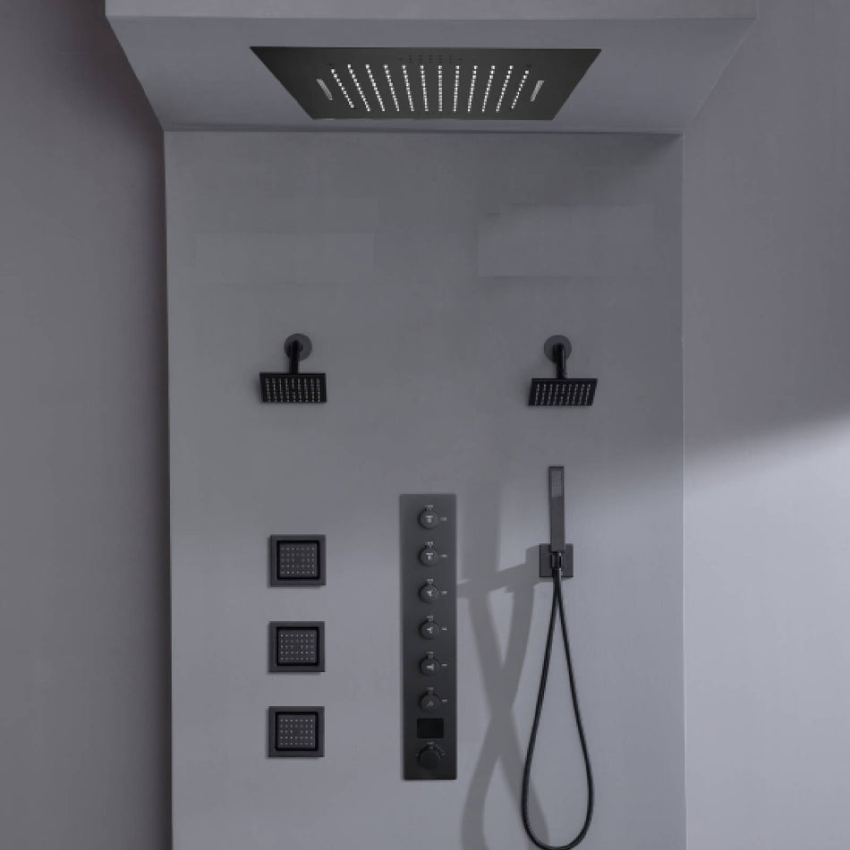 Flush mount 20 inch Rainfall Waterfall shower head 6 way Digital display thermostatic Shower Faucet with Dual Regular Heads and Body Jets
