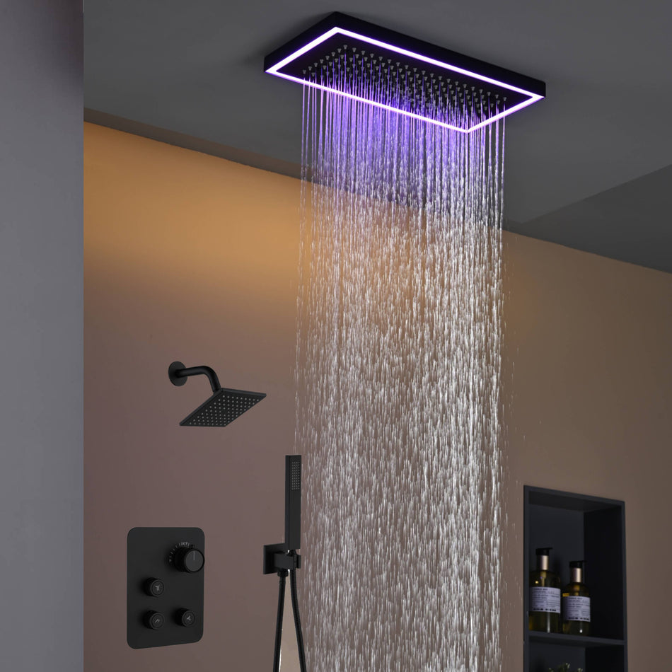 Matte Black or Brushed Gold or Brushed Nickel 16 x 8 inch rainfall Flush mount  Shower Head 3-Way Thermostatic Shower Faucet with 6'' regular head