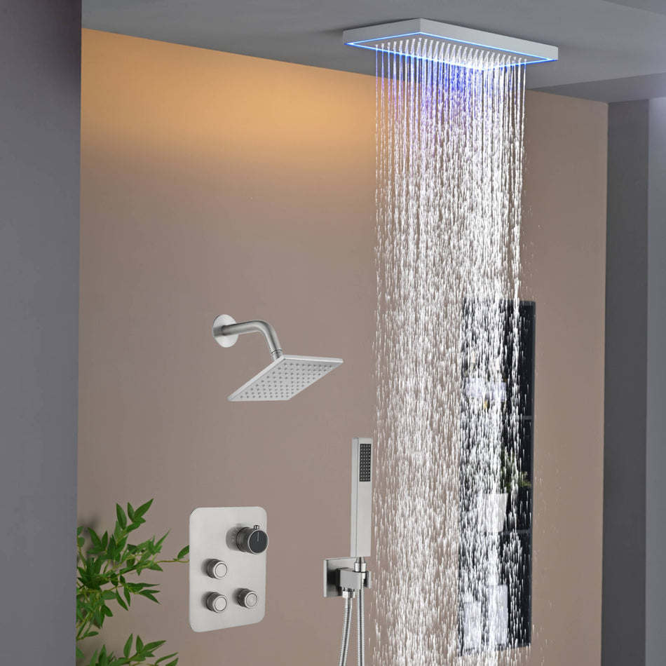 Matte Black or Brushed Gold or Brushed Nickel 16 x 8 inch rainfall Flush mount  Shower Head 3-Way Thermostatic Shower Faucet with 6'' regular head