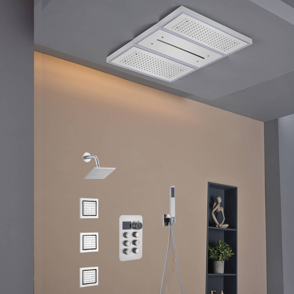 Flush Mount 24 X 16 inch or 48 x 8 inch Rainfall Waterfall 64 LED Light Shower Head with 6-Way Thermostatic Faucet, Body Jets, and High-Pressure Wall Mount Head